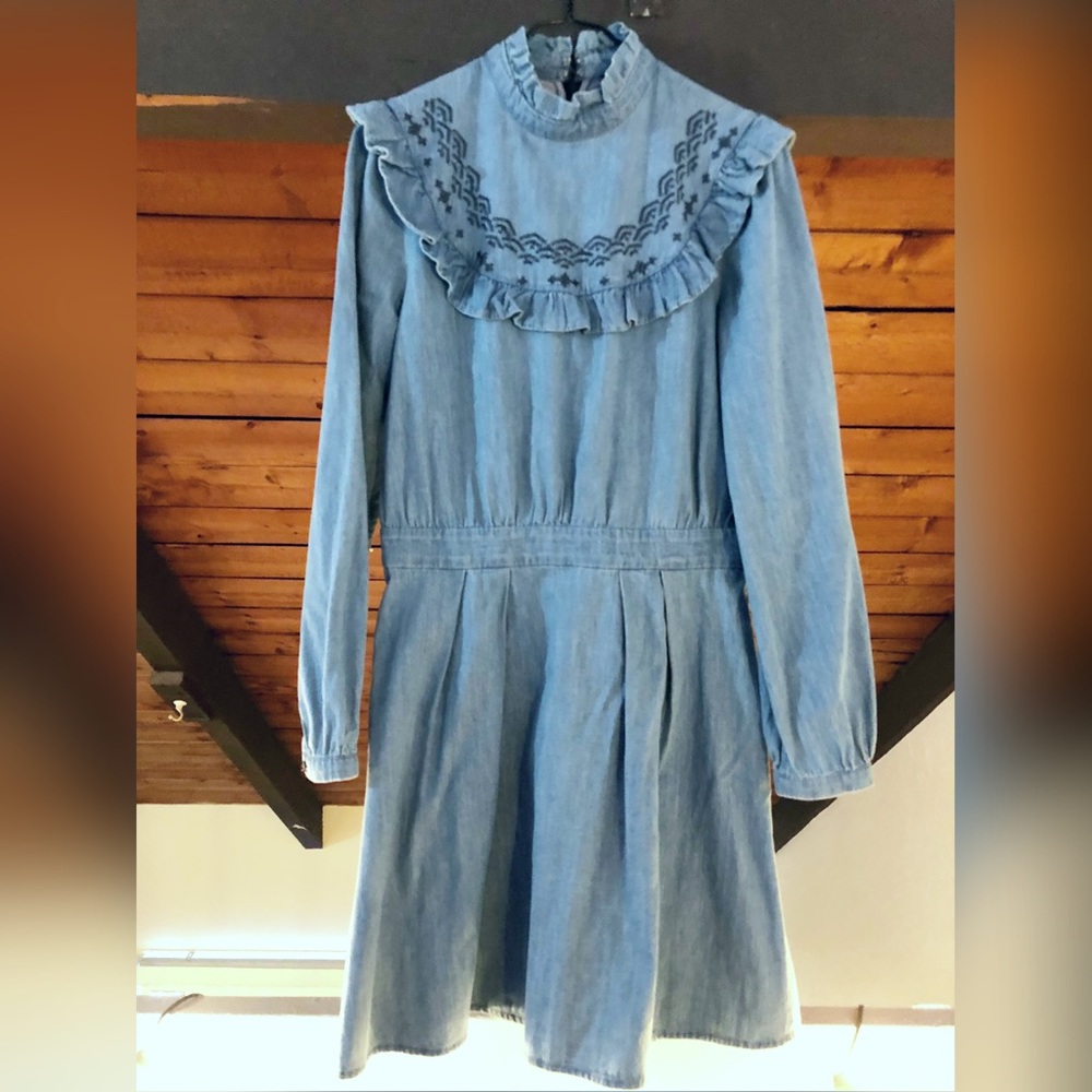 Embroidered bib denim dress